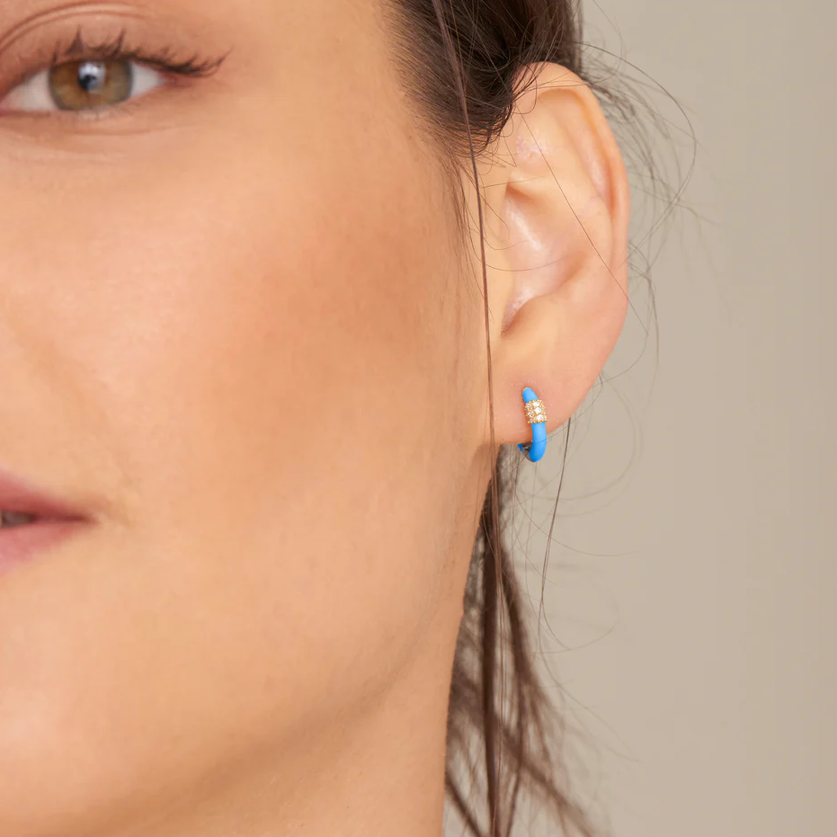 Neon Blue Enamel Carabiner Gold Huggie