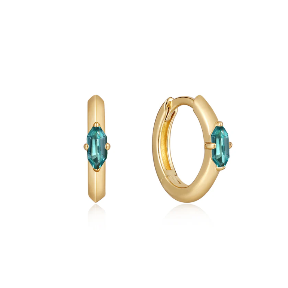 Gold Teal Sparkle Emblem Hoop Earrings
