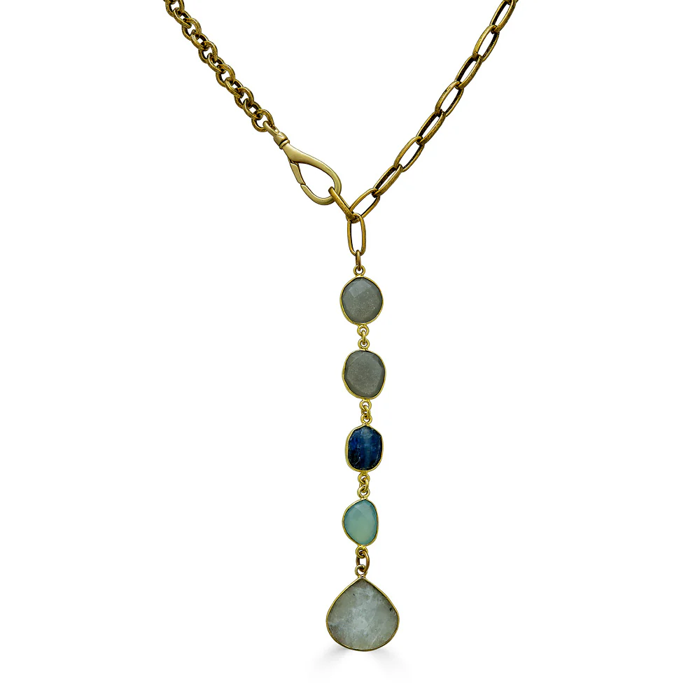 Gold Lariat w/Kyanite, Moonstone and