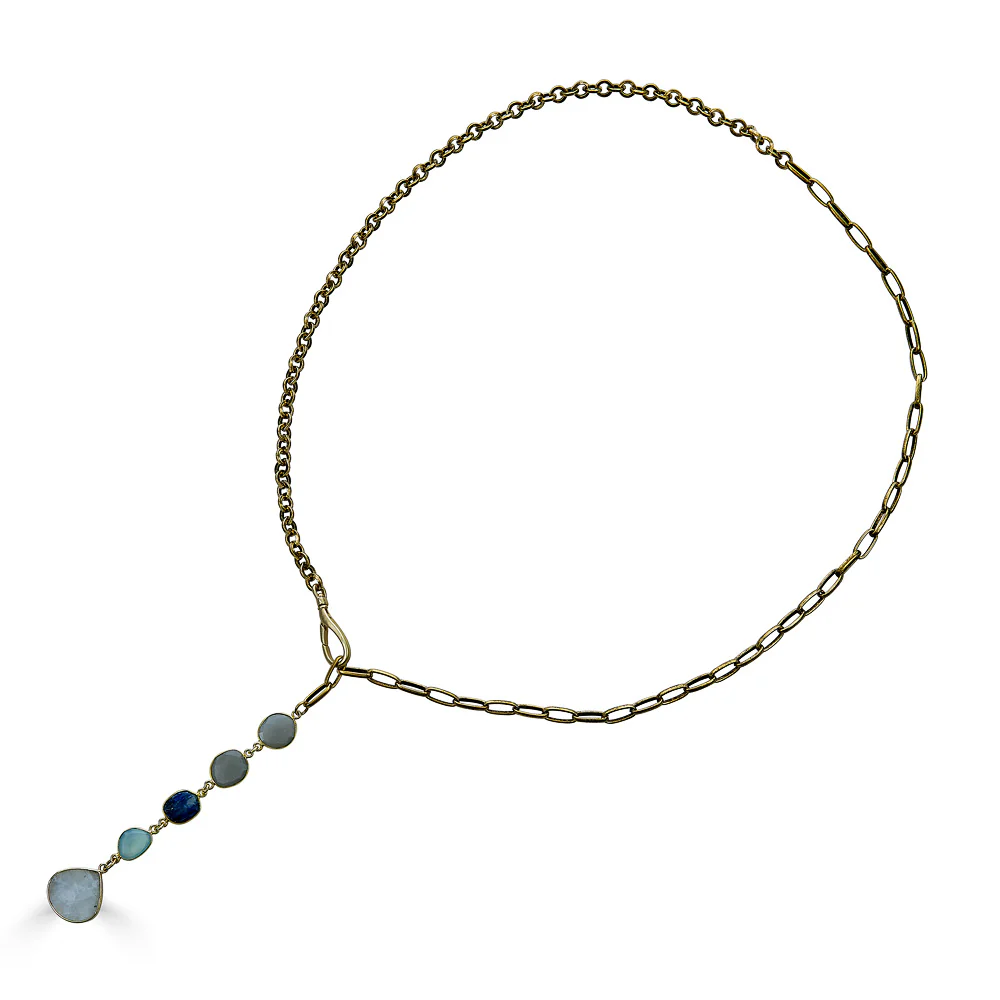 Gold Lariat w/Kyanite, Moonstone and