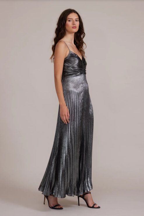 silver pleated dress Shimmering Silver Dress with Metallic Pleated Skirt 41117
