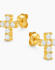 White Opal Cross Stud Earrings 14K GP