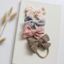 Load image into Gallery viewer, Baby Headband with Muslin Bow Grey
