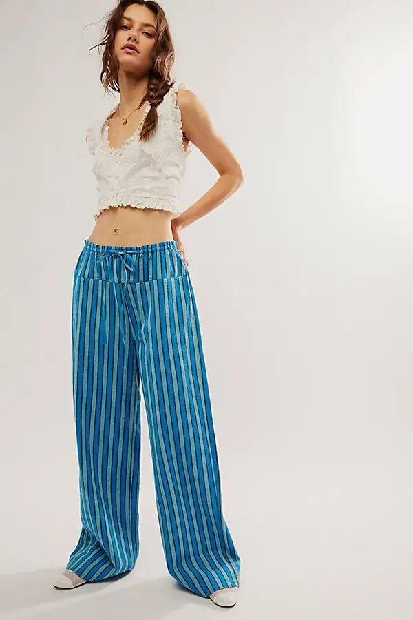 【BAON】Honchi Stripe Banding Wide Pants Hongsui Women's Wide Leg Pants Drawstring High Rise Side