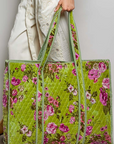 Green Botanical Velvet Quilted Tote Bag
