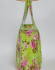 Green Botanical Velvet Quilted Tote Bag