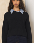 Black Cropped Sweater With Denim Collar
