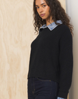 Black Cropped Sweater With Denim Collar