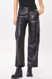 Black Faux Leather Cargo Pant