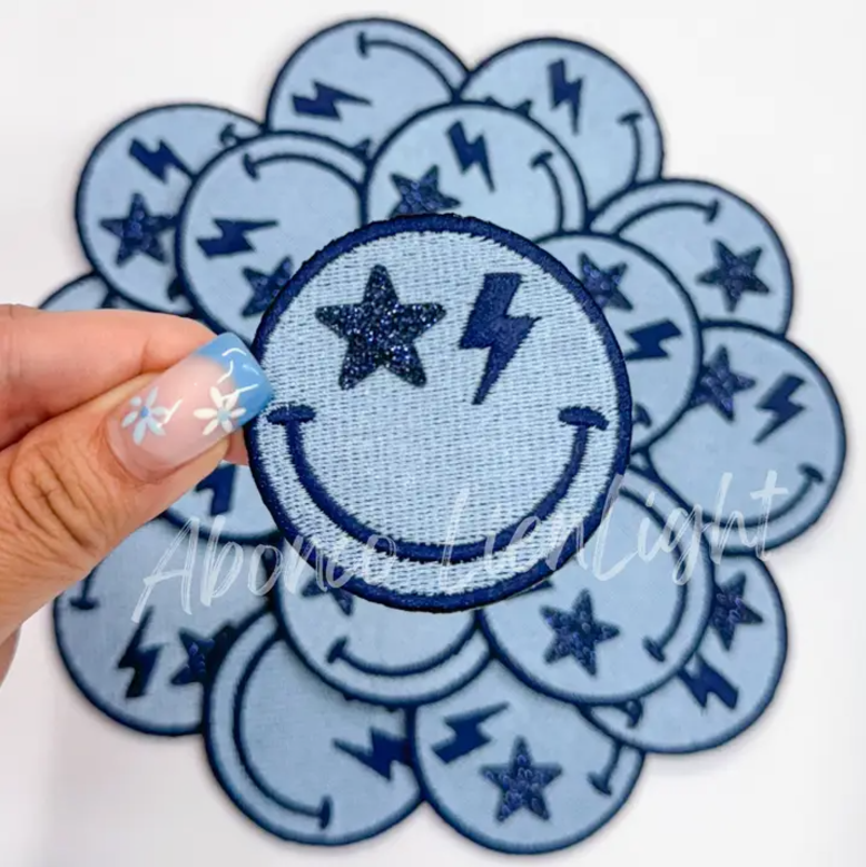 Star Bolt Glitter Smiley Patch Blue