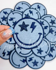 Star Bolt Glitter Smiley Patch Blue