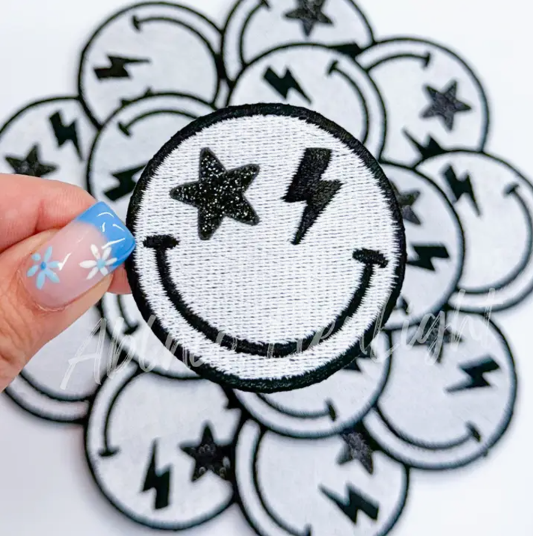 Star Bolt Glitter Smiley Patch White