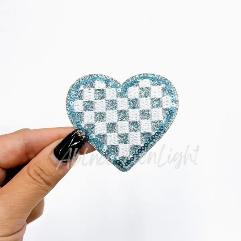 Checkered Glitter Heart Patch Blue