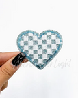 Checkered Glitter Heart Patch Blue