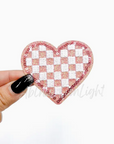 Checkered Glitter Heart Patch Pink