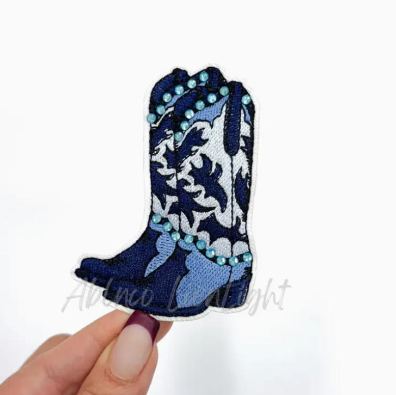 Rhinestone Cowboy Boots Patch Blue