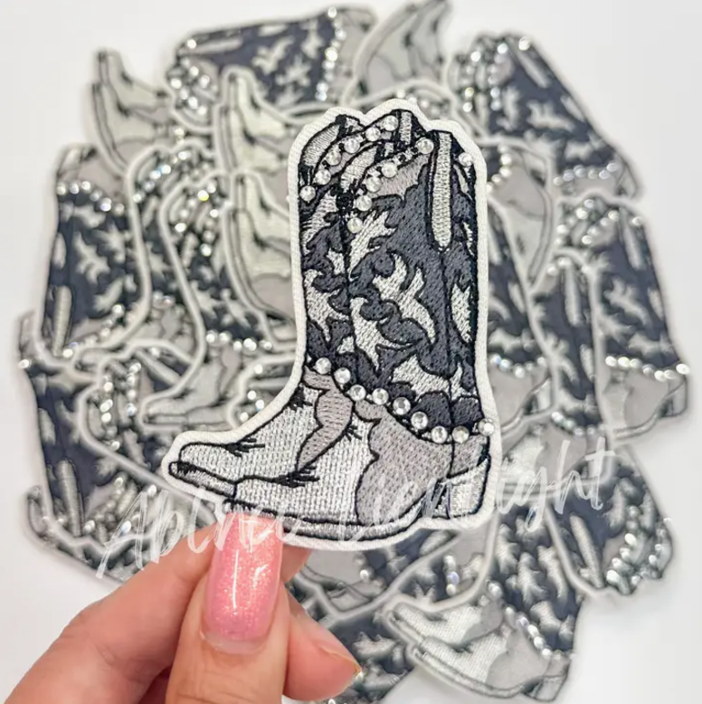 Rhinestone Cowboy Boots Patch Silver