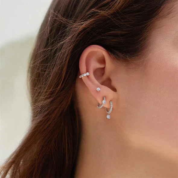 Pave Row & Bezel-set Huggie Hoop