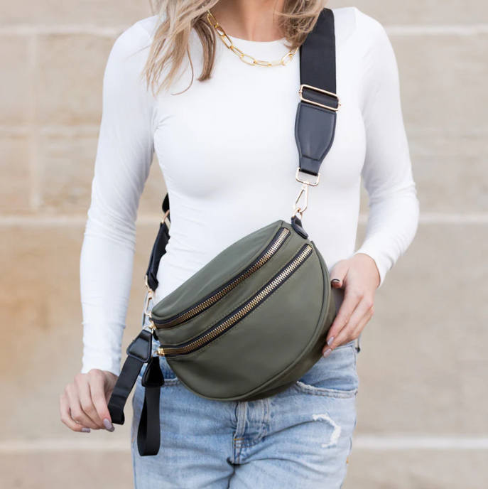 Gia Double Zip Crescent Sling - Ol Olive