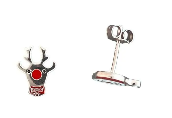 Silver Enamel Santa & Rudolph Studs