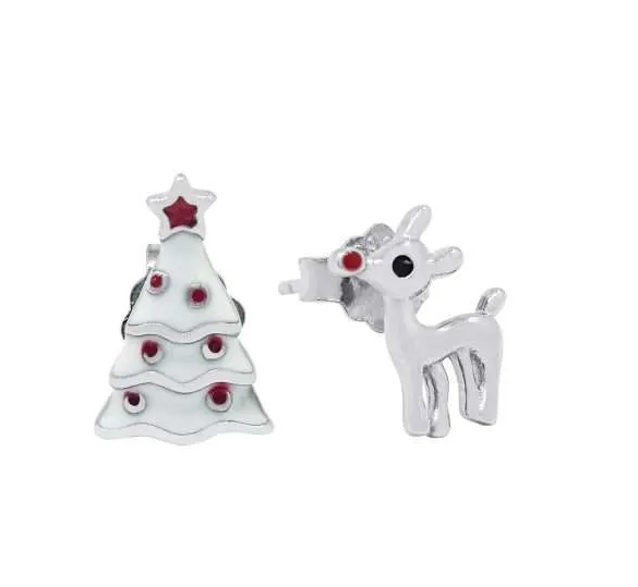Silver Enamel Tree & Reindeer Studs