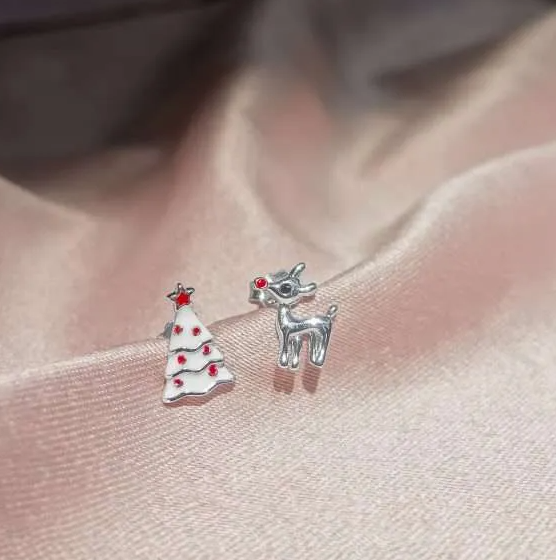 Silver Enamel Tree & Reindeer Studs