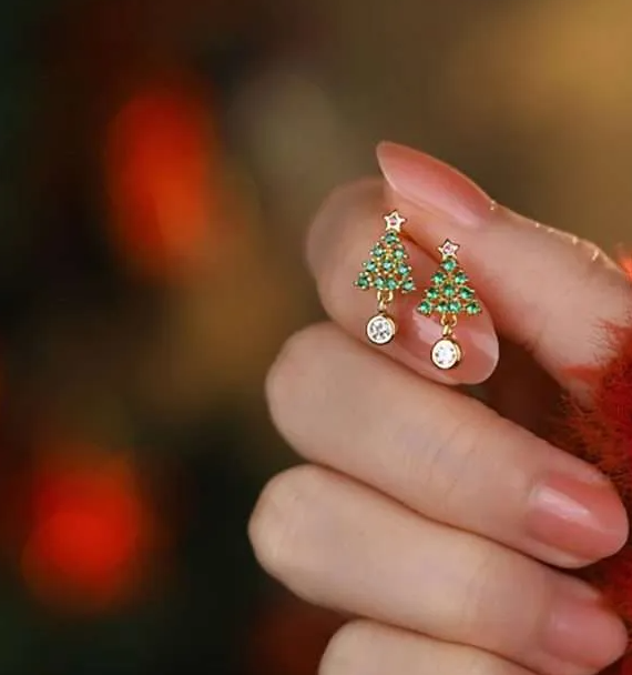 Gold CZ Christmas Tree w/ CZ Drop Studs