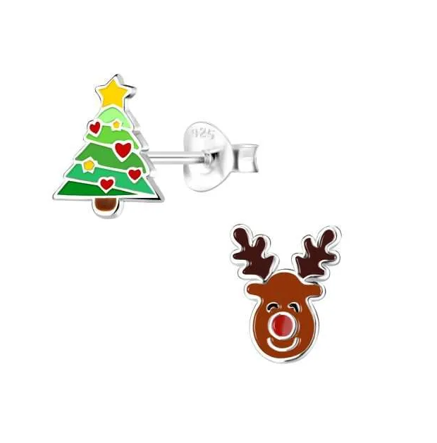 Silver Enamel Reindeer &amp; Tree Studs