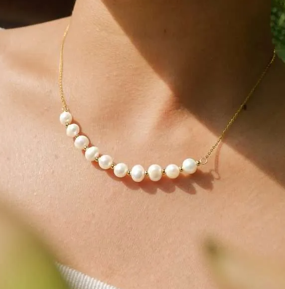 Gold Freshwater Pearl Necklace w/ Beads