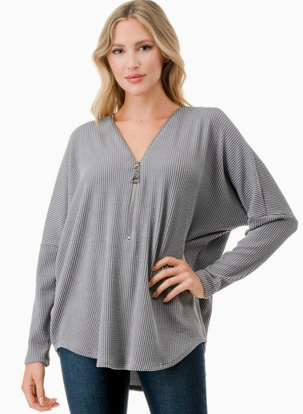Textured Dolman Sleeve Zipper Top