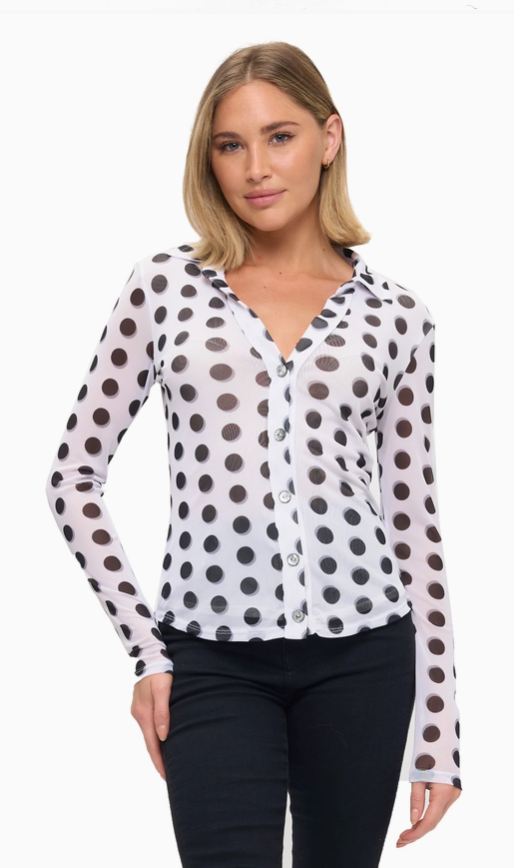 Collared Polka Dot Mesh Button Down