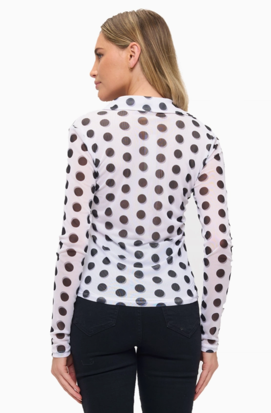 Collared Polka Dot Mesh Button Down