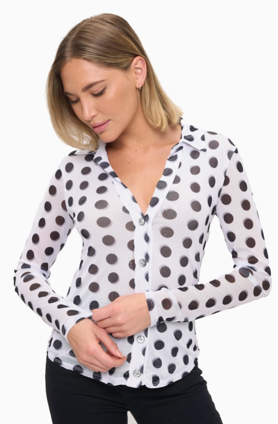 Collared Polka Dot Mesh Button Down