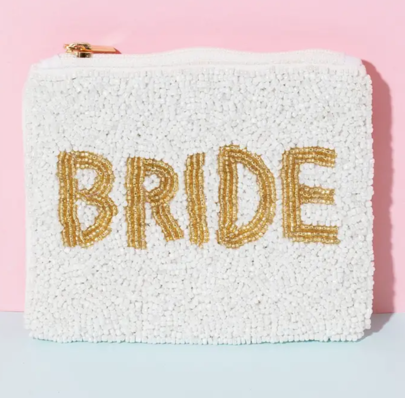Gold Bride Print White Beaded Coin Purse