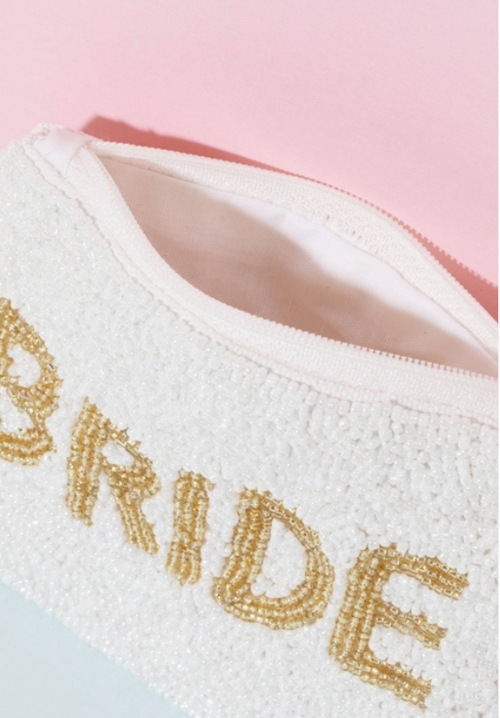 Gold Bride Print White Beaded Coin Purse