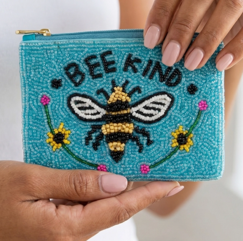 Bee Kind Slogan Beaded Coin Pouch