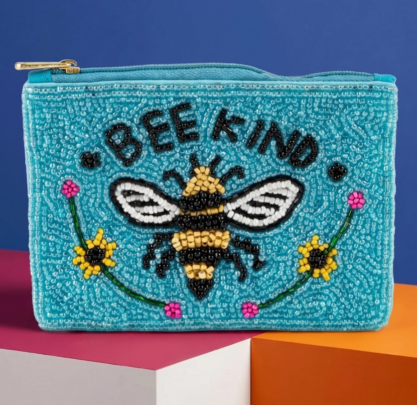 Bee Kind Slogan Beaded Coin Pouch