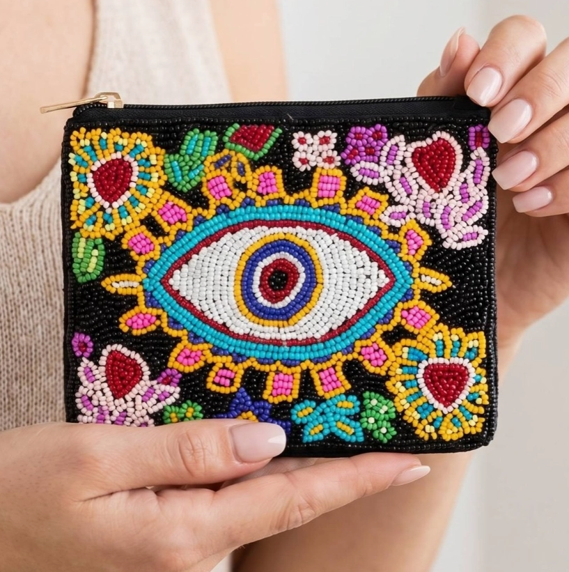 Flower Heart Evil Eye Beaded Coin Purse