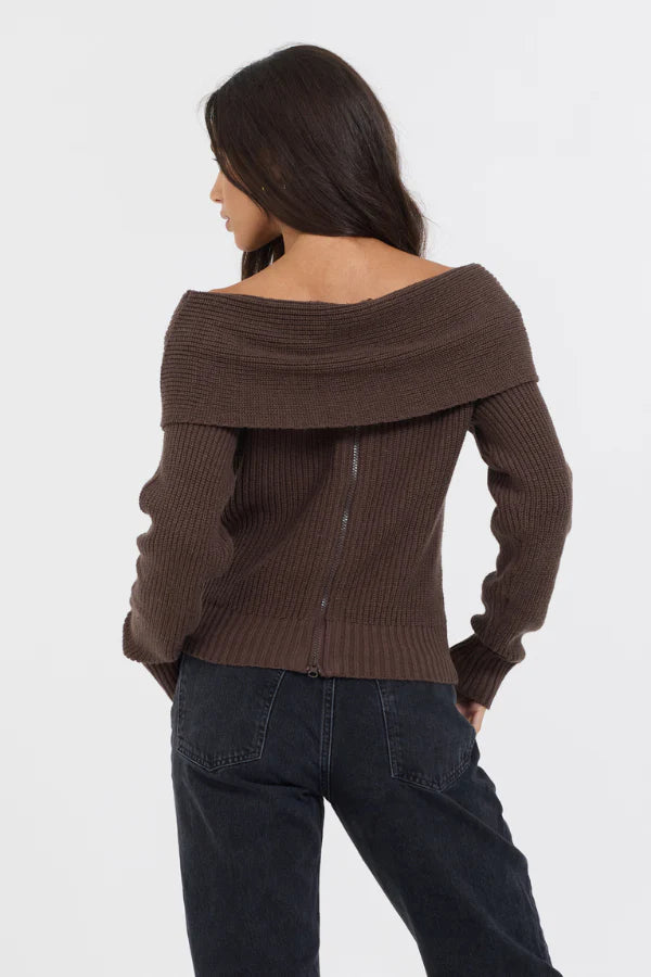 Off the Shoulder Zip Back Sweater