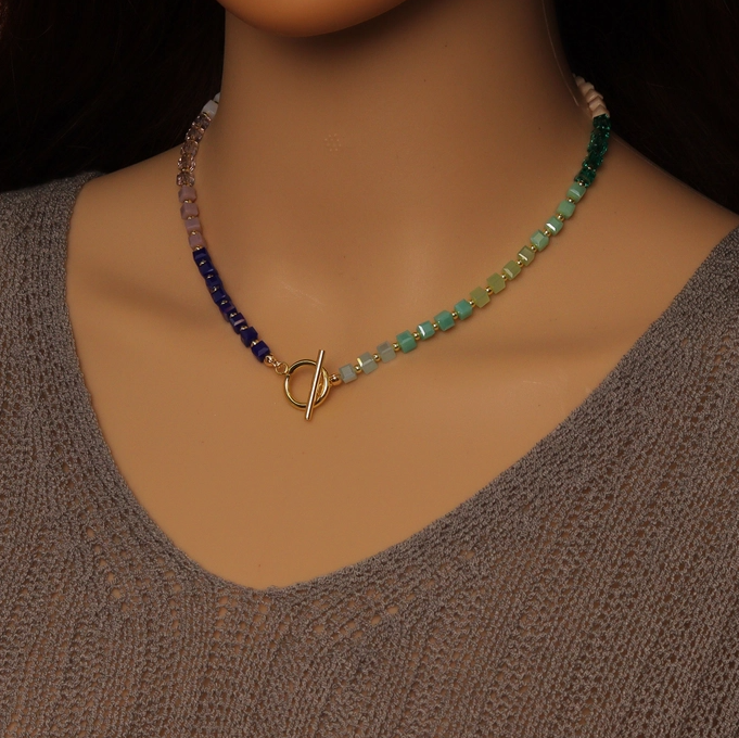 Rainbow Crystal Cube Bead Necklace