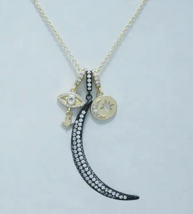 Gold Necklace With Large Pave Crescent