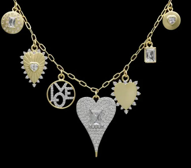 7 Charm Gold Necklace with Hearts