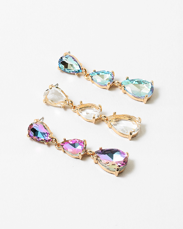 Three Tier Crystal Teardrop Earring Gold