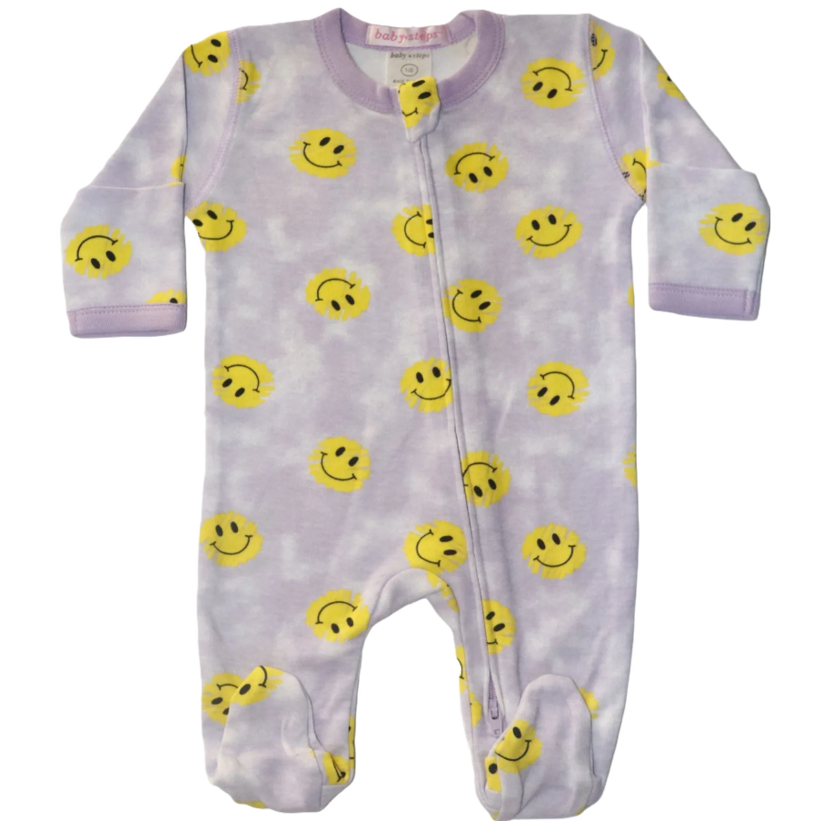 Baby Zipper Footie - Lilac Smiley NB