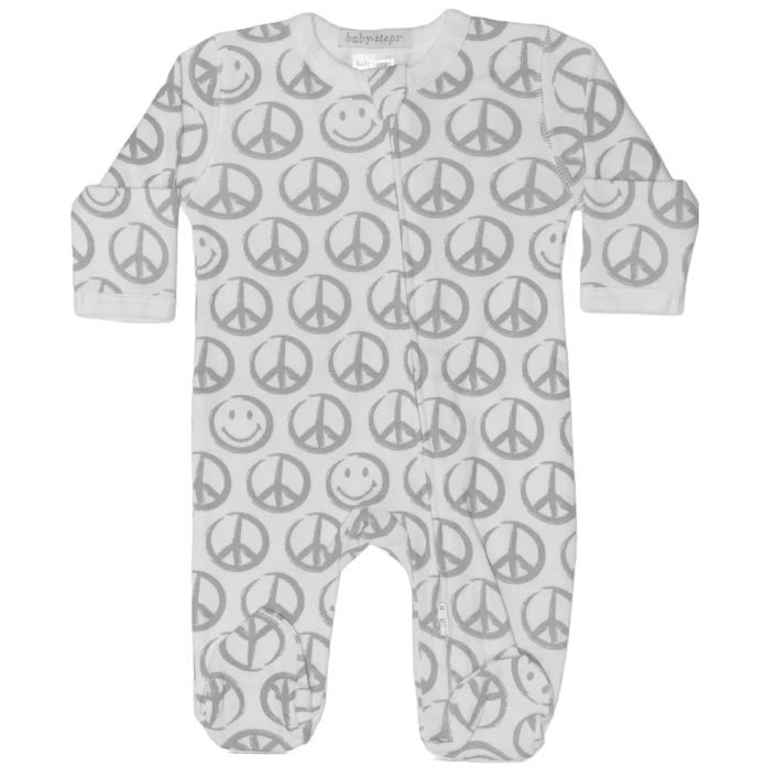 Baby Zipper Footie - Grey Smiley Peac NB