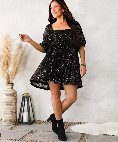 Sequins Square Neck Babydoll Dress