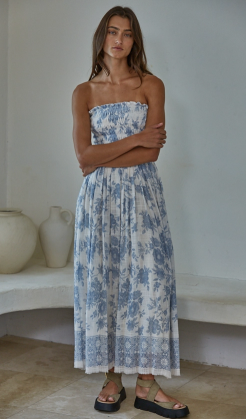 Rayon Floral Smocked Strapless Midi