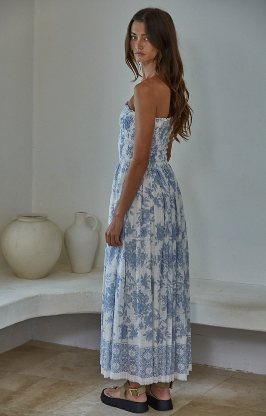 Rayon Floral Smocked Strapless Midi