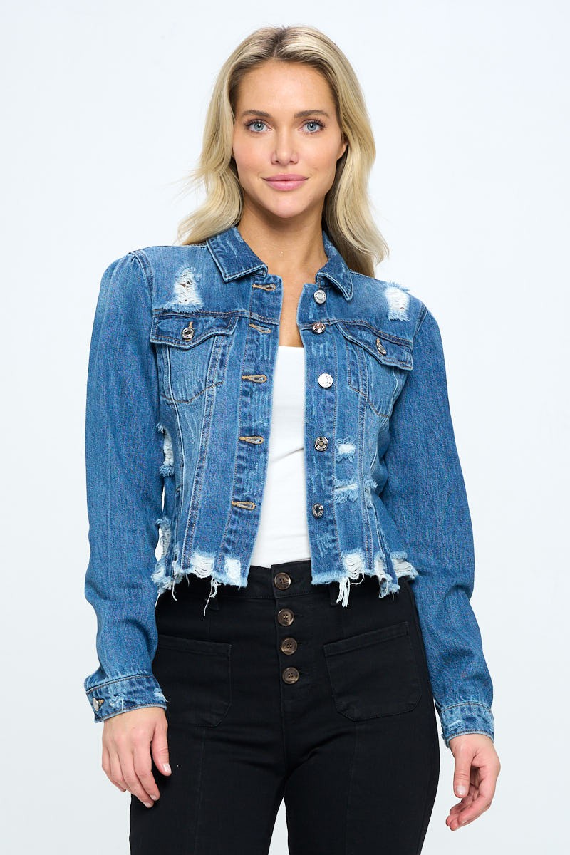 Distressed Hem Cropped Denim Jacket