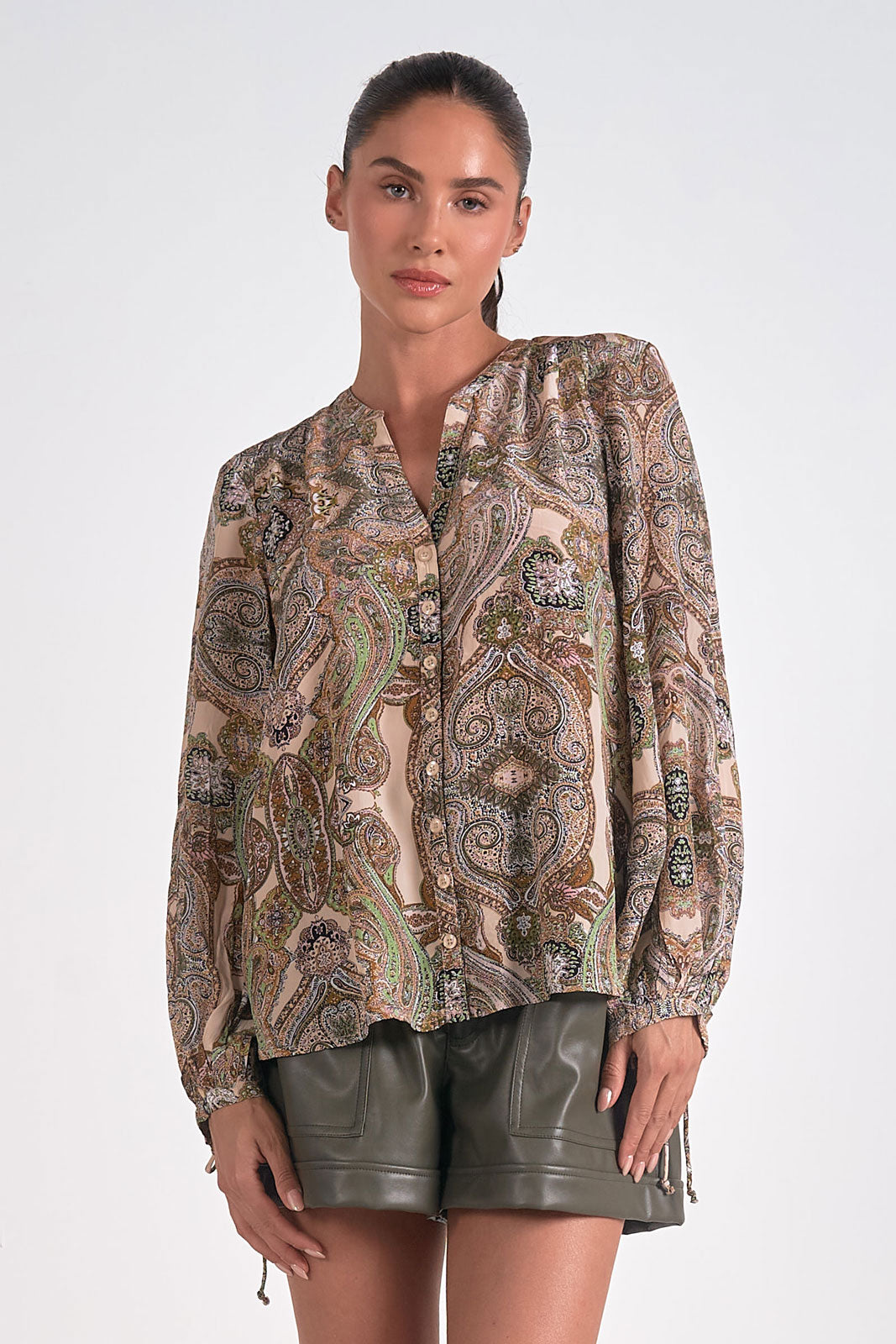 Beige Paisley Bubble Sleeve Top